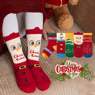 敏榴儿童圣诞袜子秋冬季男童女童中大童宝宝袜棉袜红色童袜中筒袜