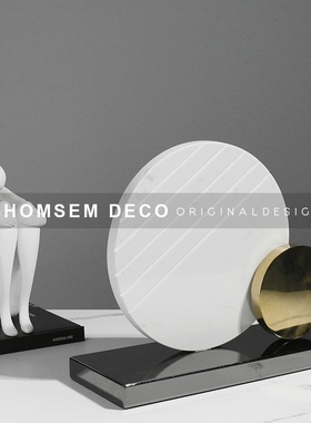 新中式圆形屏f风摆件大理石底座家居客厅玄关软装饰品金属轻奢摆