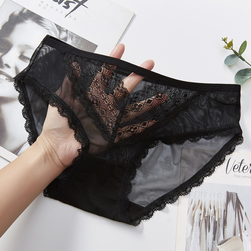 4条性感女士黑色轻奢内裤女 无痕蕾丝网纱透明镂空中低腰三角裤夏