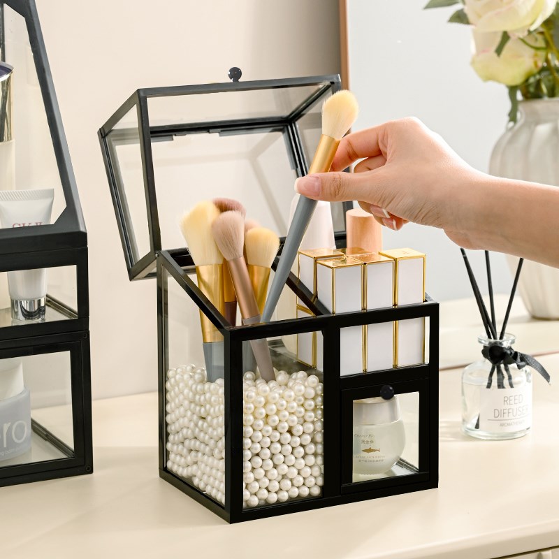 桌面整理收纳盒化妆品收纳抽屉式C护肤品玻璃置物架首饰美妆收纳