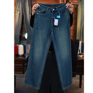 冬季加绒新款港风复古蓝色裤子高腰直筒宽松牛仔裤女款717R