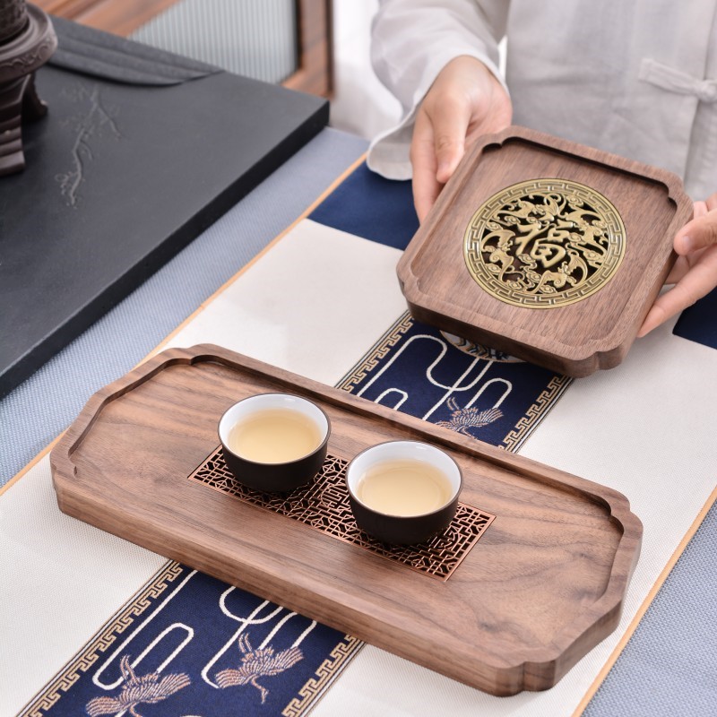 黑胡桃干泡台茶盘实木茶托整块北美原木轻奢中式茶室单人小型托盘