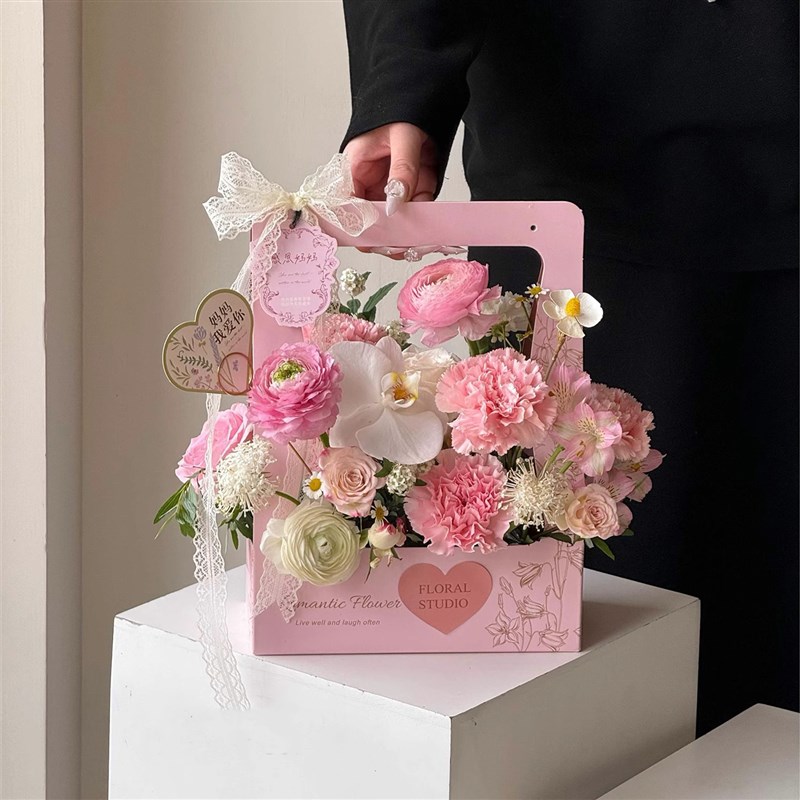 情人节鲜花花束插花盒子手提花y篮纸盒花艺沙龙礼盒空盒玫瑰包装