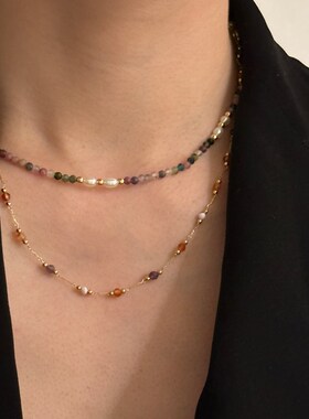 安小柏法式复古天然珍珠天然石小碧玺轻奢精致叠带锁骨链女项链