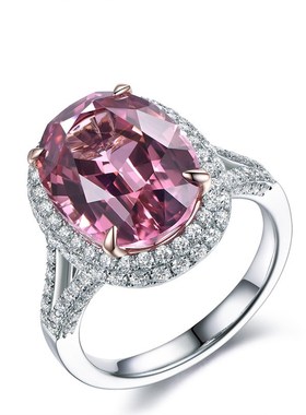 珠宝5克拉合成粉碧玺戒v指女镀18K白金镶嵌仿真锆石活口指环