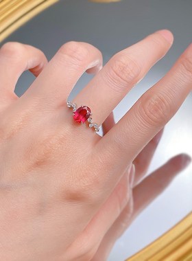 珠宝 新款S925银仿真鸽血红6*8mmM椭圆红刚玉时尚简洁戒指女