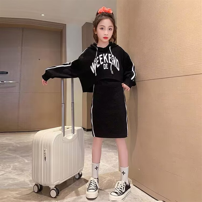 女童连帽卫衣裙子套装洋气时髦运动连衣裙儿童韩版春Y秋女孩两件