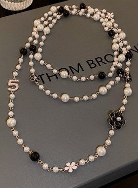 NK-121五五大小花朵手工珍珠项链多层L可叠戴长款女毛衣链秋冬新