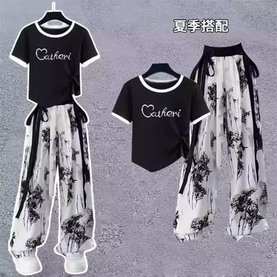 国潮薄款b夏季女童新款新国风套装新中式水墨画裤子复古两件套冰