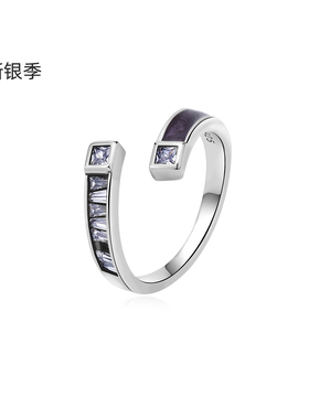 新银季s925纯银开口戒指女可调节方形锆石小众设计高级感指环百搭