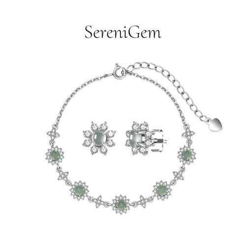 SereniGem谧彩境 缅甸天然A货翡翠925银镶嵌白冰蛋面耳钉手链