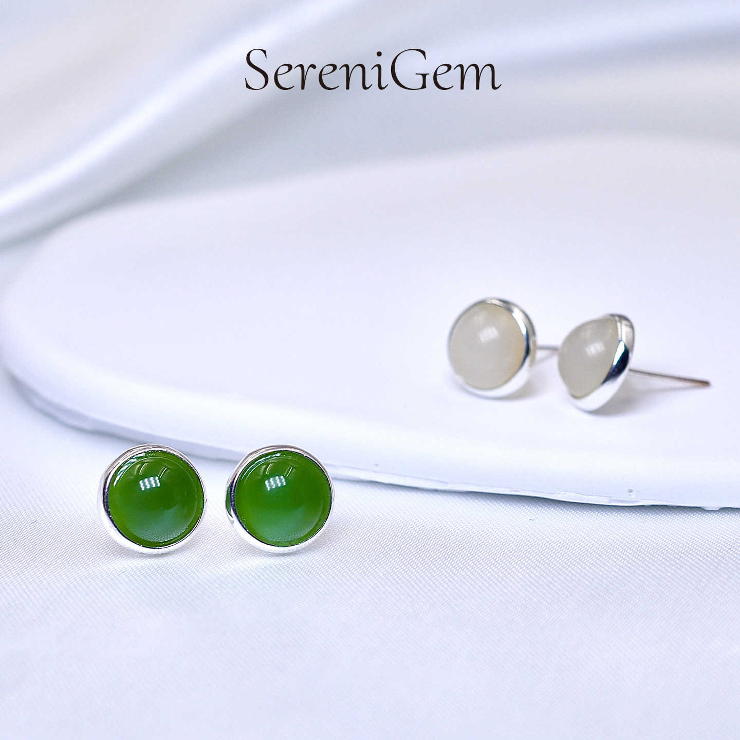 SereniGem谧彩境 S925和田玉柠檬黄玉碧玉包镶款耳钉