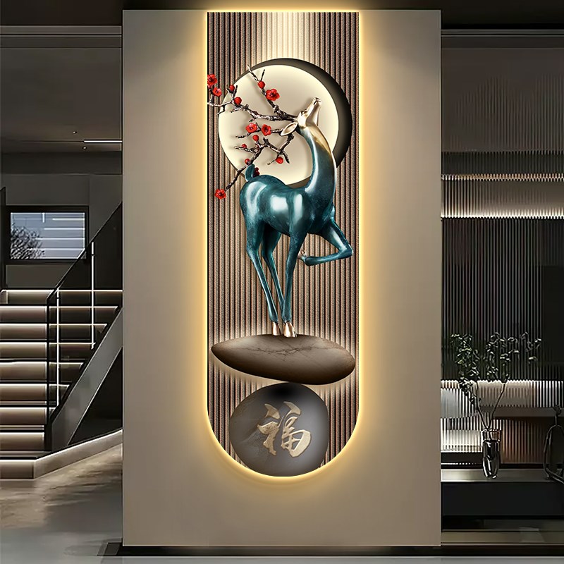 福字玄关装饰画入户门正对墙壁画灯光画鹿客厅Q走廊过道挂画寓意