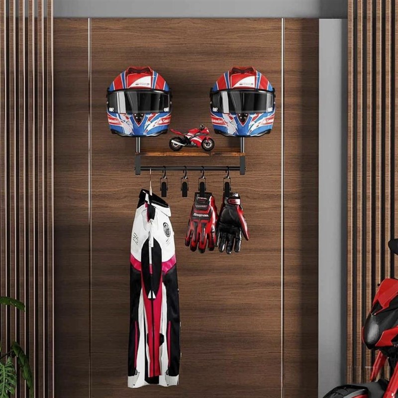 放头盔架上墙摩托车头盔架壁挂式置物摆放挂架木质V皮衣装备收纳