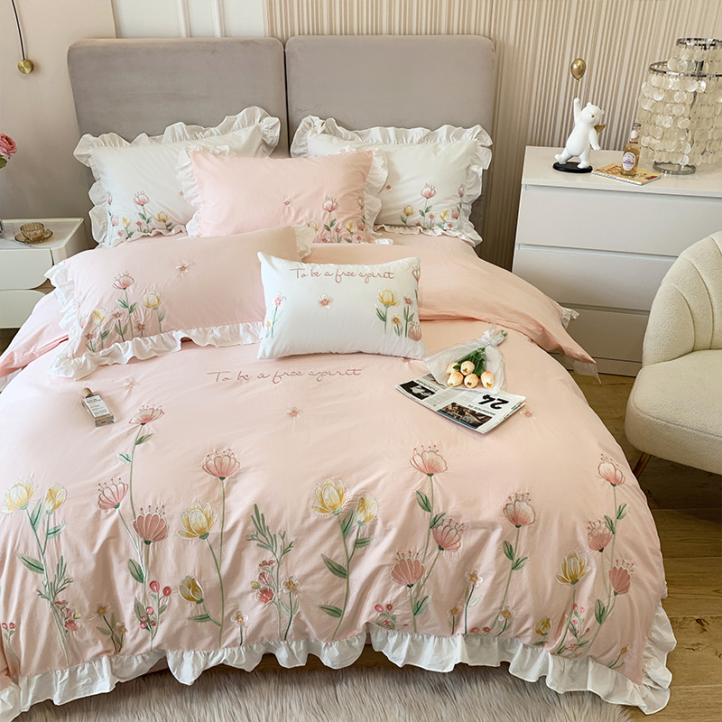 粉色公主风床上四件套春秋v全棉60支水洗棉田园小清新刺绣被套