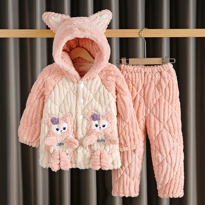 卡通连帽儿童睡衣冬季p三层夹棉珊瑚绒加厚款女童加厚夹棉家居服