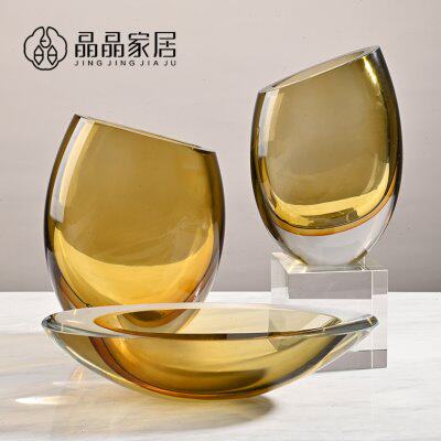 现代简约北欧轻奢黄色玻璃花器客餐厅样板房玄关水培桌面酒店摆件