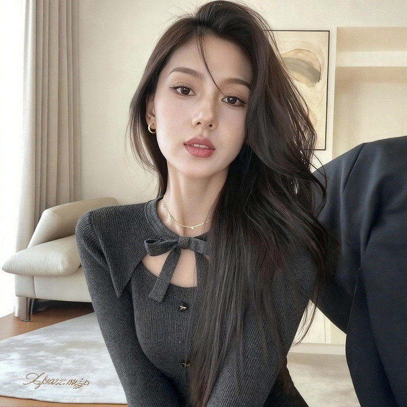 灰色蝴蝶结系带假两件针织衫女秋冬高级感修身毛衣内搭打底衫上衣