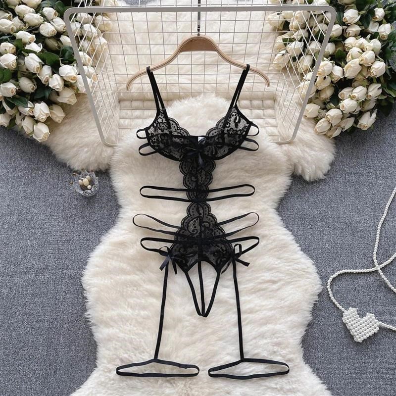 Black Lace Womens See-through Sexy Lace Up Bow Spliced Stra