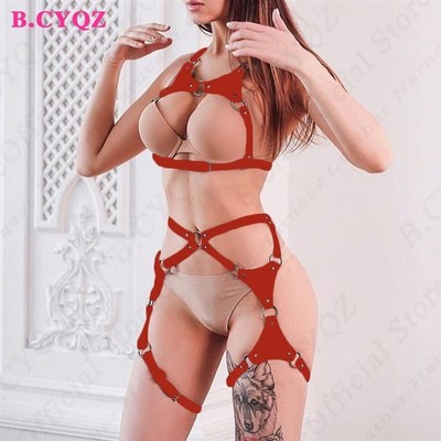 2PCS Sexy Red Body Bondage Straps Belt Harness Goth PU Leath