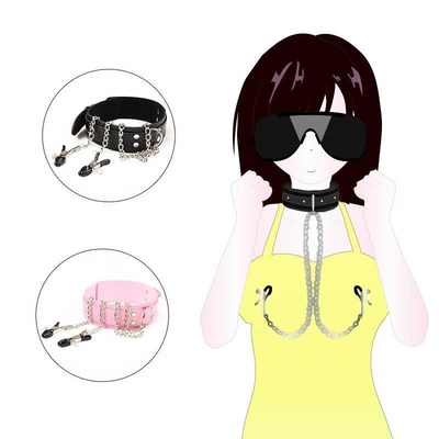 Leather Bondage Collar with Nipple Clips Adjustable Adult Ga