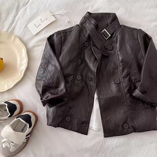 儿童皮夹克2026春秋新款 外套宝宝机车洋气皮衣 男童纯色长袖