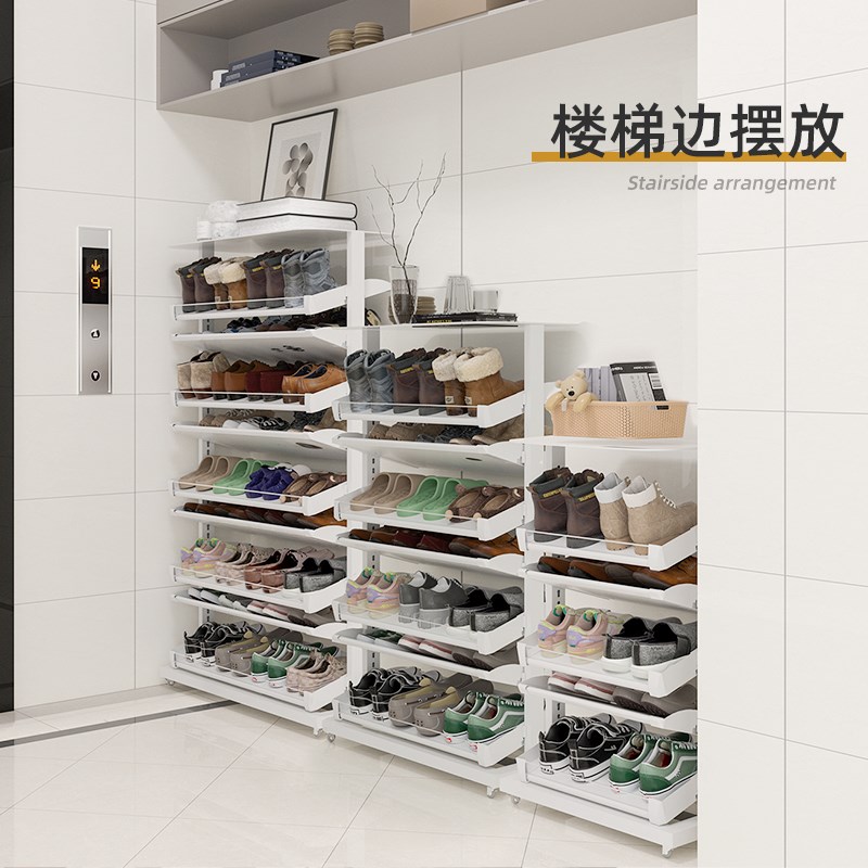 2025新款鞋架子家用门口多层不锈钢带轮子旋转可移动家用收纳鞋柜