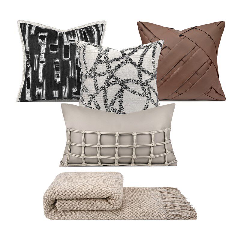 现代简约抱枕沙发客厅高级感轻奢咖棕皮革割绒棉麻样板间床头靠垫