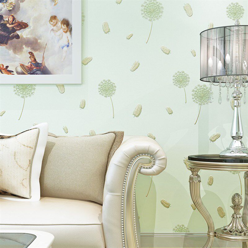 粉色蒲公英壁纸现代简约清新电视背景墙田园Q风格小碎花墙纸绿色