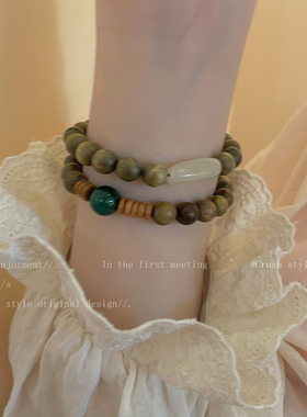 复古绿色香檀木串j珠手链女夏季2022年新款新中式情侣可调节手饰