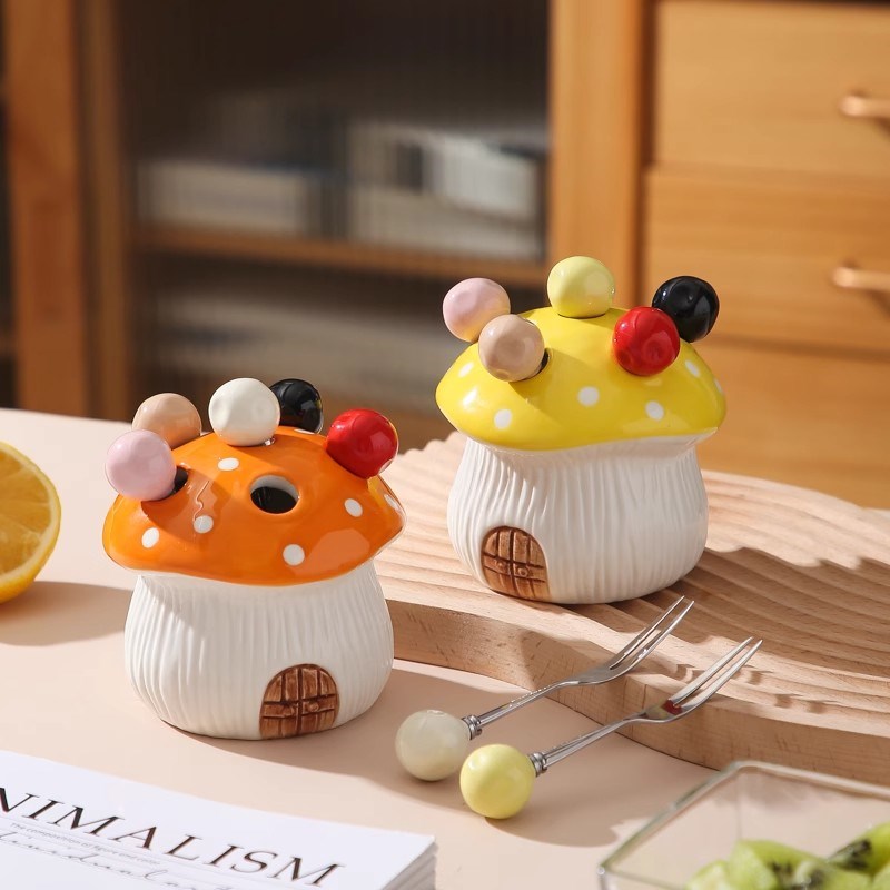 蘑菇水果叉套装家用不锈钢甜品餐厅可爱小L叉子收纳罐儿童安全果