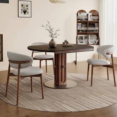 中古风实木折叠餐桌椅子2025新款伸缩可变圆桌小户型家用黑色美式