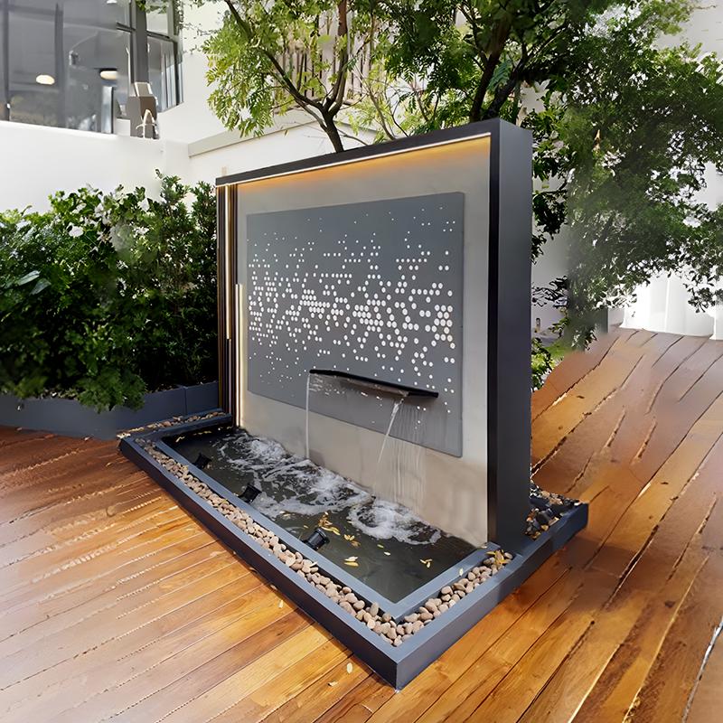 庭院入户小区室内办公室酒店大堂不锈钢咖色背景影壁隔断流水屏风