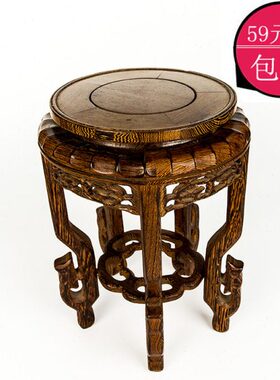 鸡翅木圆形实木小矮凳虎头几花几花盆景花架雕刻鱼缸花瓶奇石底座