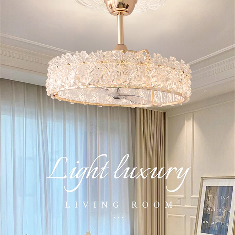 水晶扇灯2024新风m格客厅餐厅吊扇灯摇头法国冰花无障碍豪华主卧