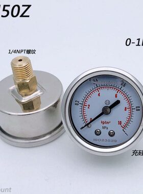 YN50Z充硅油表0-1MPa耐低温压力表10Kg抗震表轴向接口1/4NPT螺纹