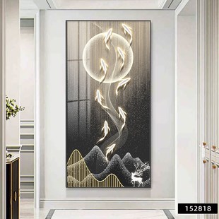 墙画 饰画现代轻奢挂画入户客厅走廊过道壁画竖版 九鱼聚财 玄关装