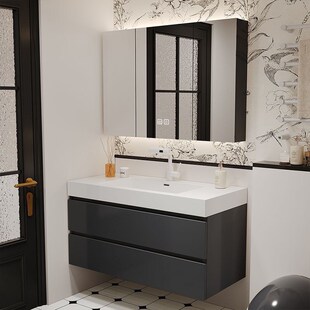 105 115CM洗漱台岩板无缝陶瓷盆浴室柜洗脸池镜柜 卫生间75