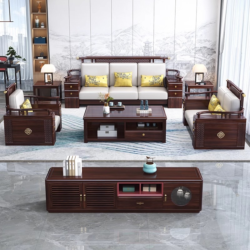 新中式乌金木沙发家用简约大户型客厅全实木储物大沙发厂家批发