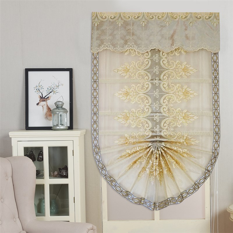 欧式绣花纱帘 扇形卷帘 罗u马帘 升降窗帘 灰色 卡其色 餐厅装饰