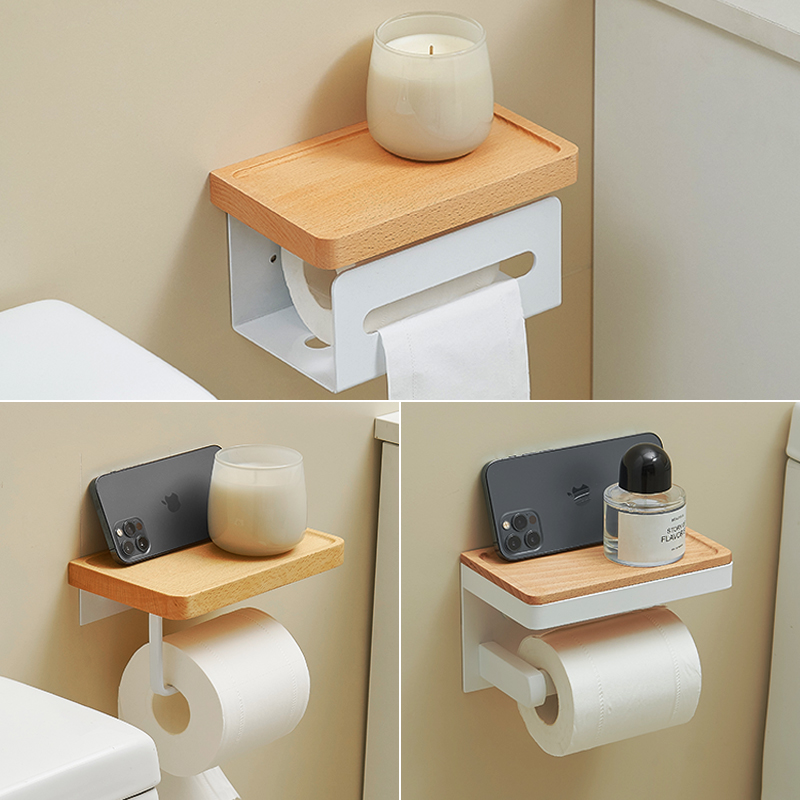 瑞勤卫生间实木纸巾架厕所抽纸盒洗手间壁挂式Q卷纸架原木风免打