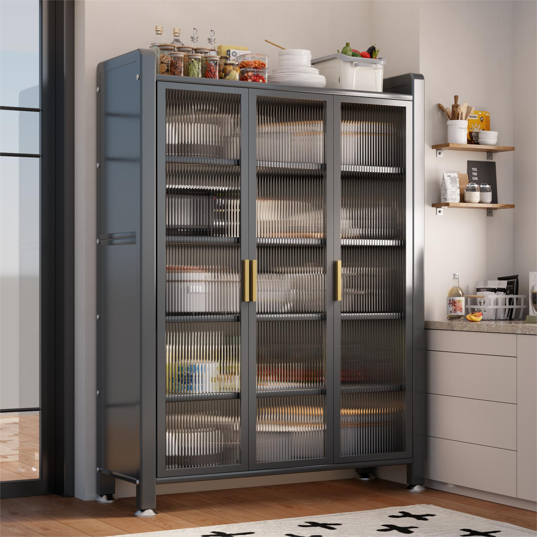 家用厨房置物架多层落地收纳对开门餐边柜多功能橱柜微波炉储物柜