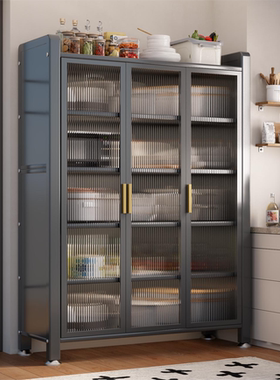 家用厨房置物架多层落地收纳对开门餐边柜多功能橱柜微波炉储物柜