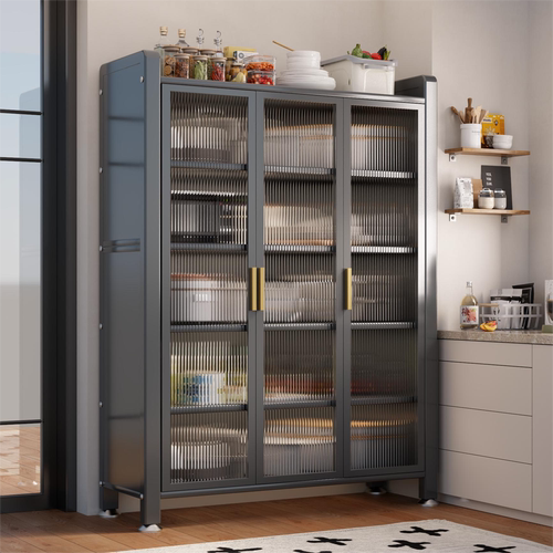 家用厨房置物架多层落地收纳对开门餐边柜多功能橱柜微波炉储物柜