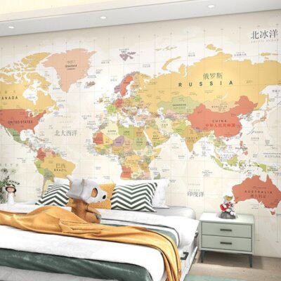 欧式中英文世界地图壁纸卧室客厅背景墙纸壁布客厅书房壁画定做
