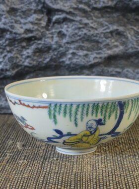 仿古瓷器 复古做旧明成化风格 斗彩人物纹瓷碗 古董古玩摆件收藏