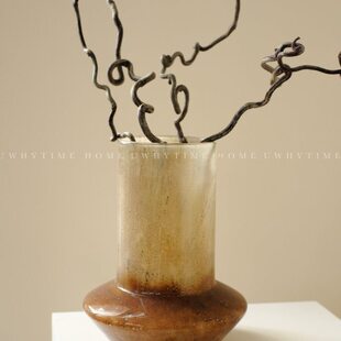 无为时间馆 拿铁渐变豹纹高级手工琉璃花瓶花器插花中古侘寂摆件