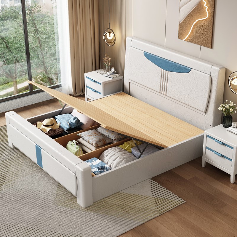 全实木静音榫卯结构满铺床板现代简约白色压纹主卧2米气压储物床