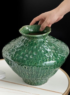 中式侘寂风墨绿色肌理陶瓷花瓶摆件装饰民宿高级感中古插花大花器