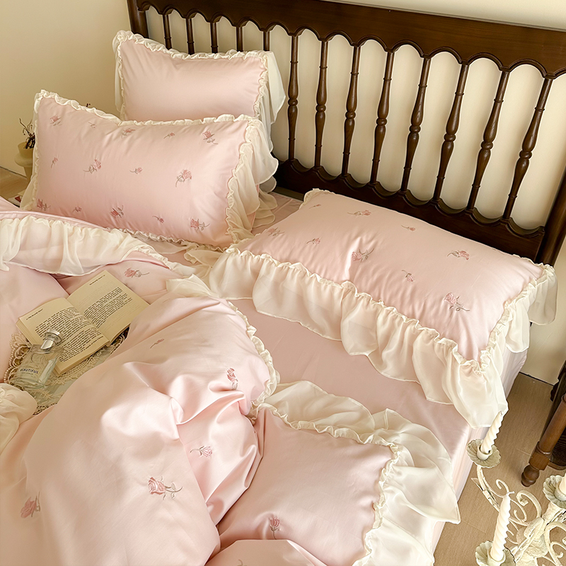 浪漫法式奶油风四件套绣花w雪纺花边全棉被套床单高端床上用品